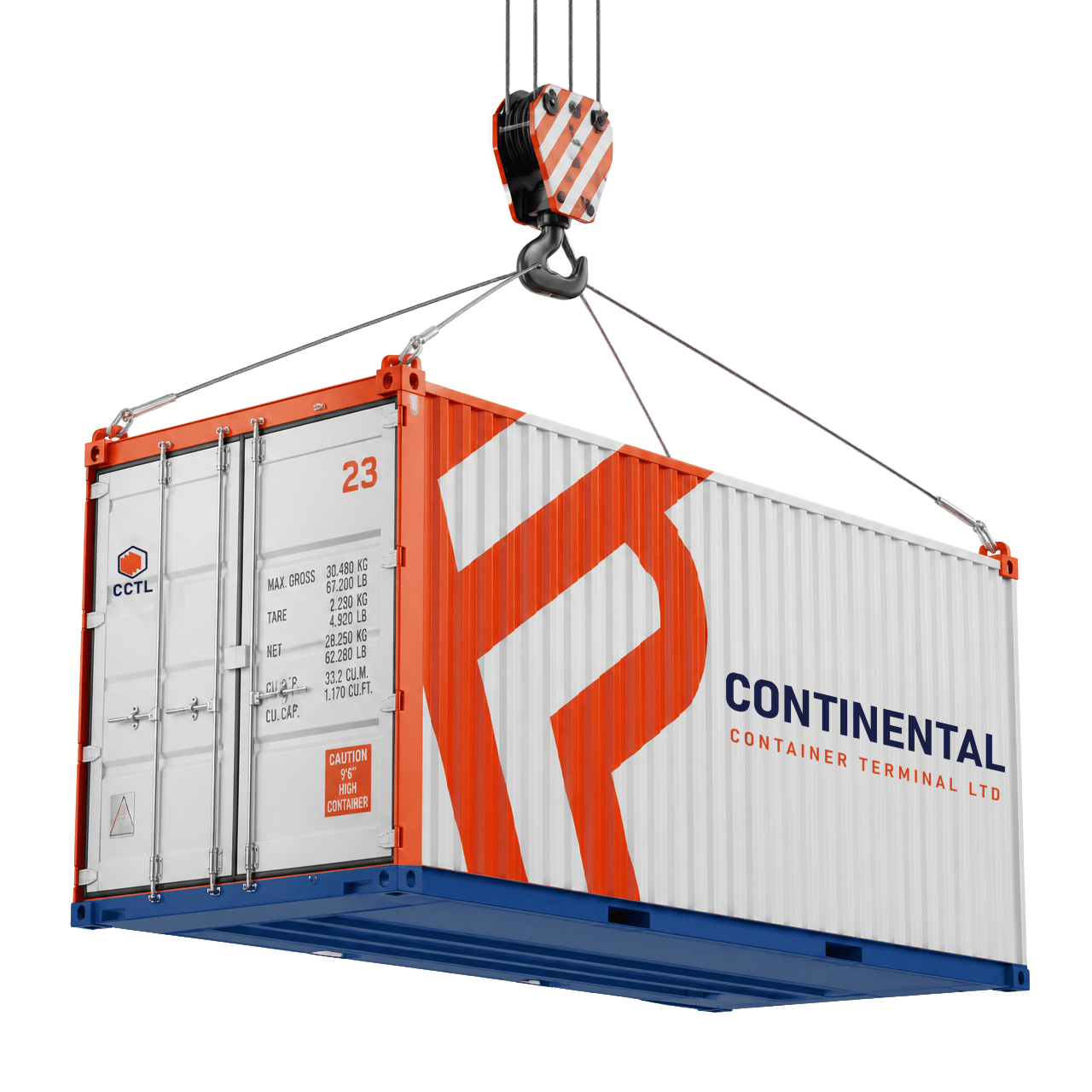 3D shipping container suspended from a crane hook